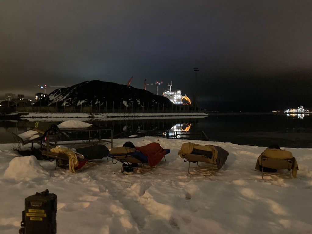 Midsummer night goes Sörnäinen (2022), performative and participatory event, folding beach chairs, wool blankets, trolley, beach chairs, hot soup
